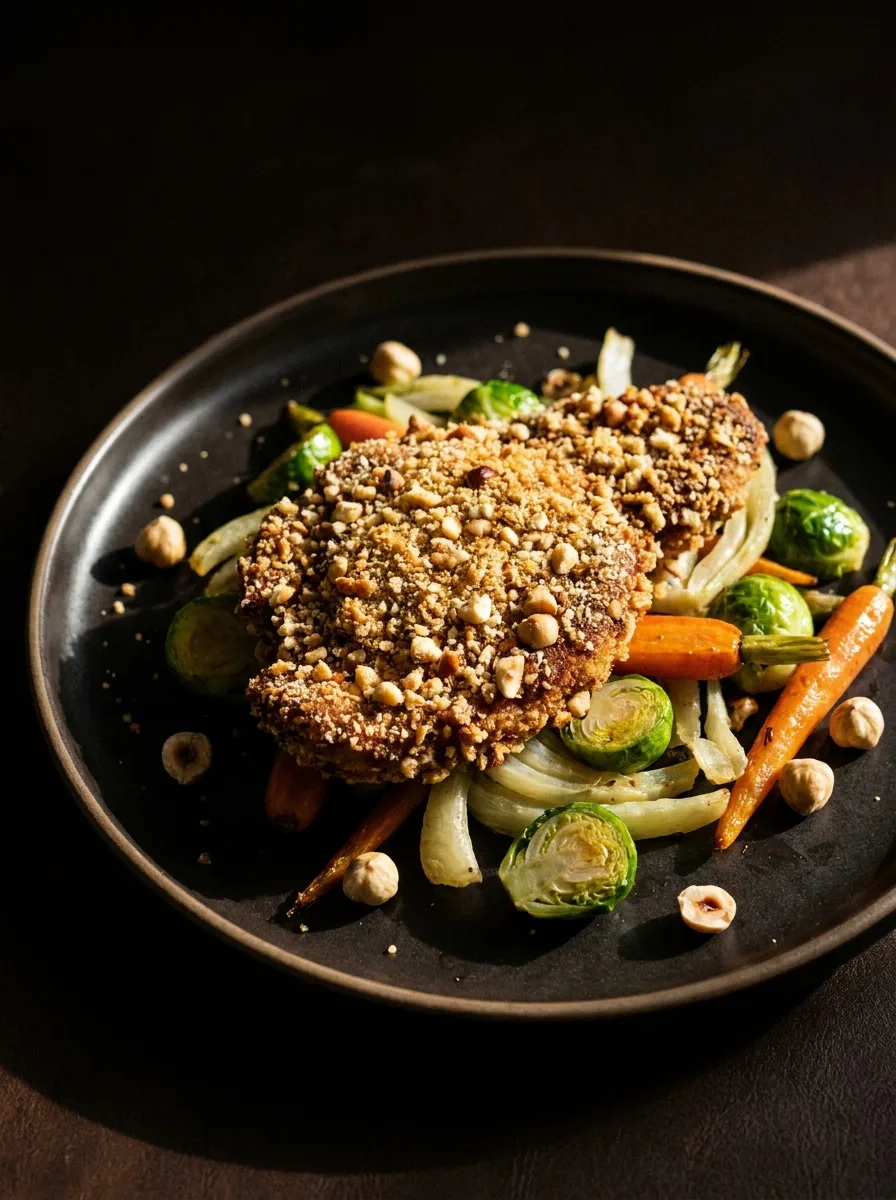 Cotoletta a doppia panatura con nocciole, servita al piatto