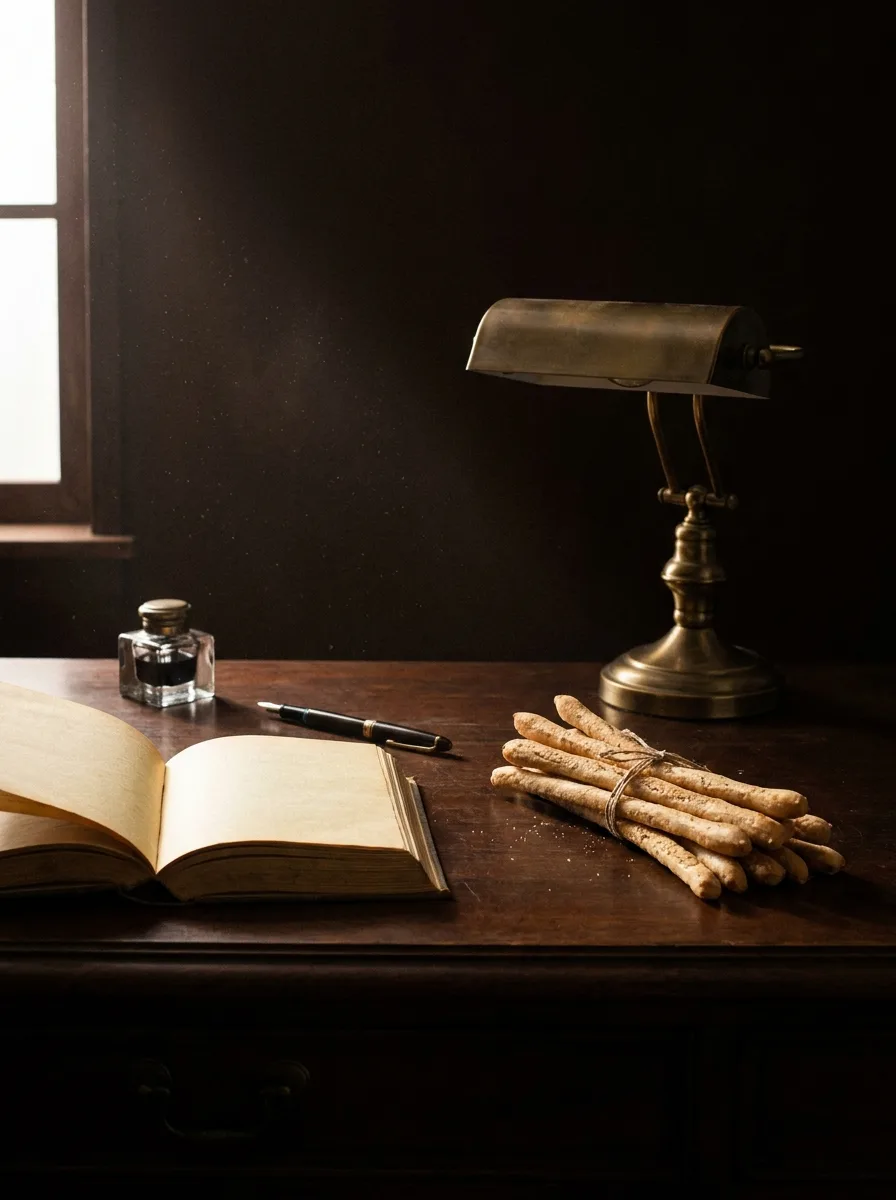 Scrivania d'epoca con libro aperto, calamaio e grissini